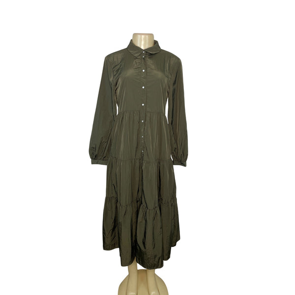 Zara Olive Green Button-Up Long-Sleeve Midi Dress Sz XS - New