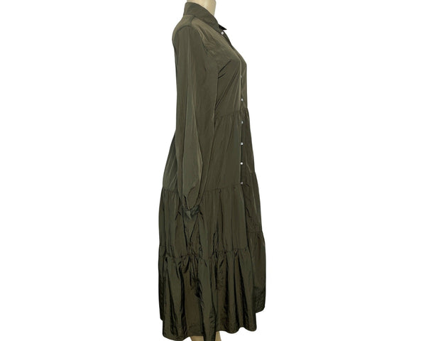 Zara Olive Green Button-Up Long-Sleeve Midi Dress Sz XS - New