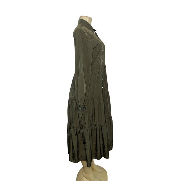 Zara Olive Green Button-Up Long-Sleeve Midi Dress Sz XS - New