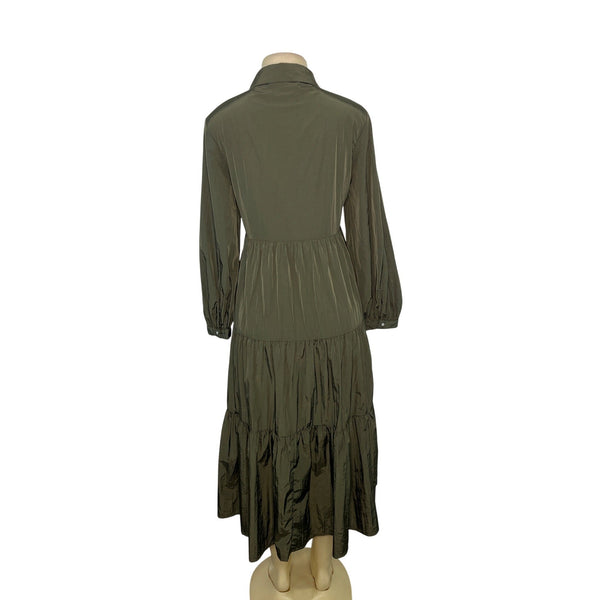 Zara Olive Green Button-Up Long-Sleeve Midi Dress Sz XS - New