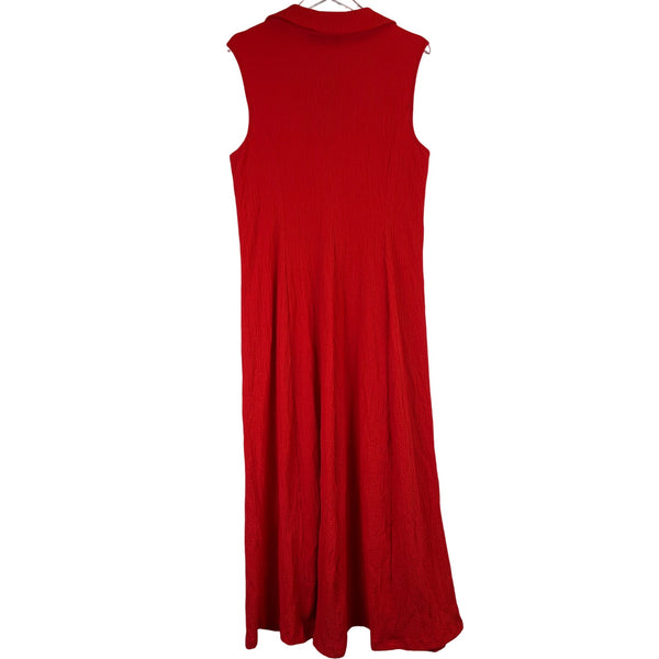 Nina Leonard Womens Red Sleeveless Textured Maxi Dress With Tie Waist And Collar Large