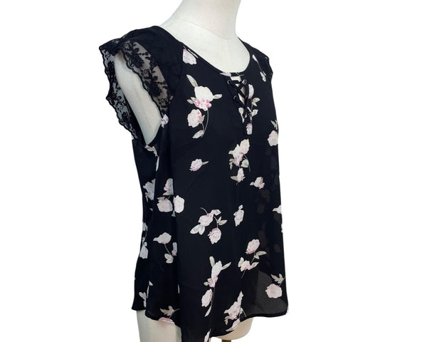 Candie’s Black Floral Lace Sleeve Blouse Lace-Up Front & Keyhole Back Sz M - New