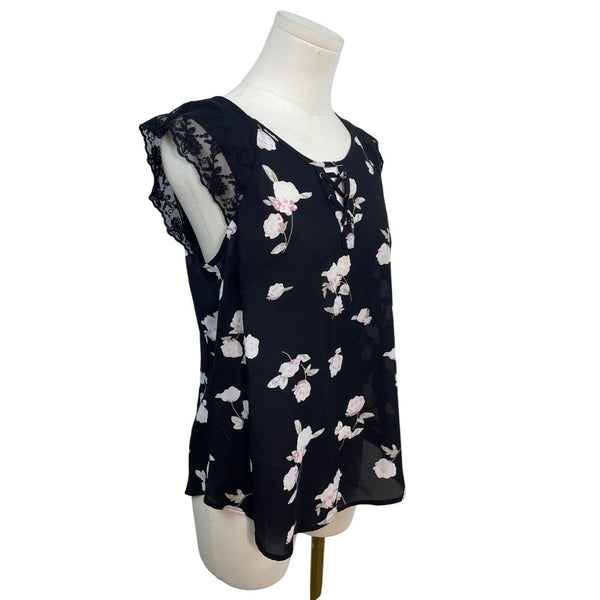 Candie’s Black Floral Lace Sleeve Blouse Lace-Up Front & Keyhole Back Sz M - New