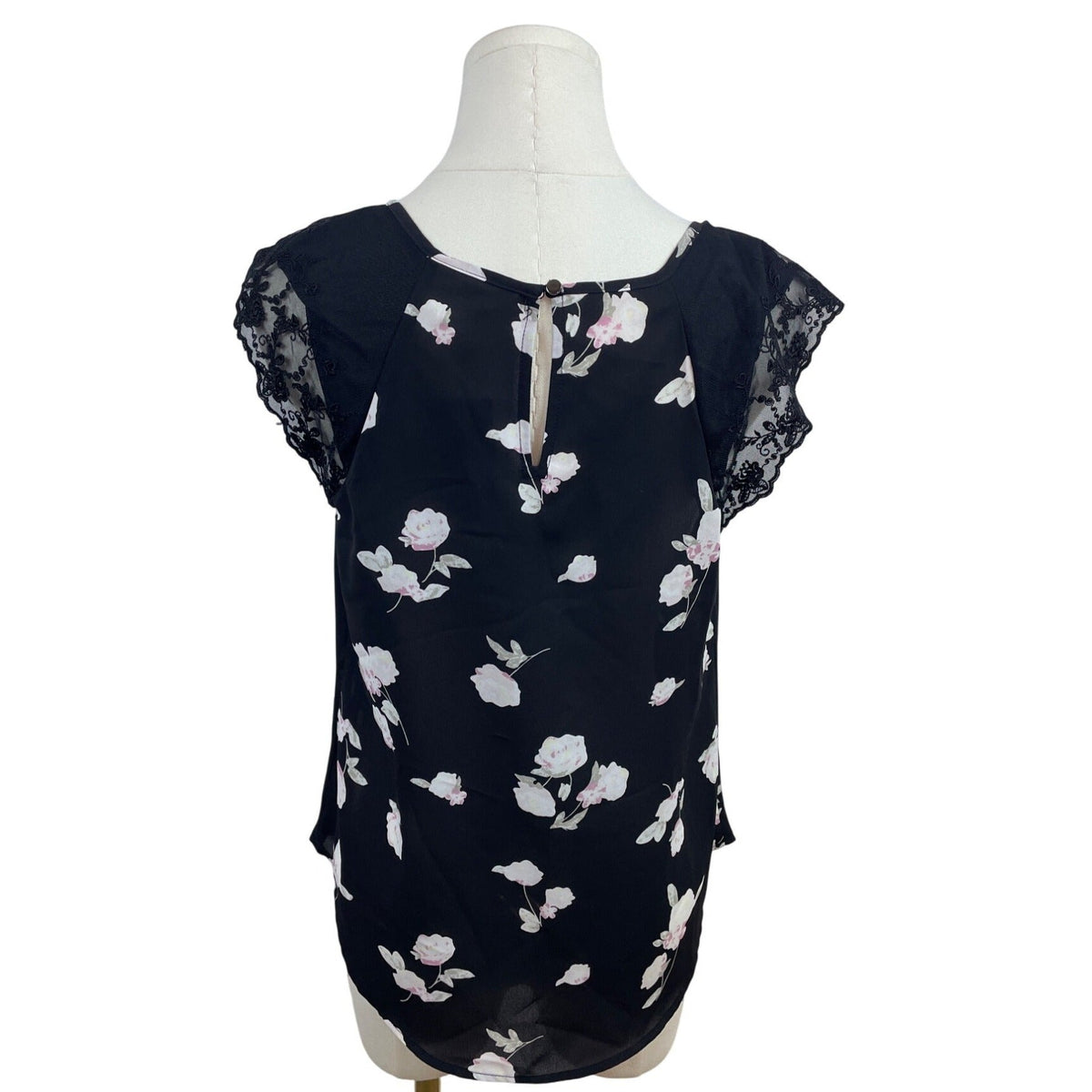 Candie’s Black Floral Lace Sleeve Blouse Lace-Up Front & Keyhole Back Sz M - New