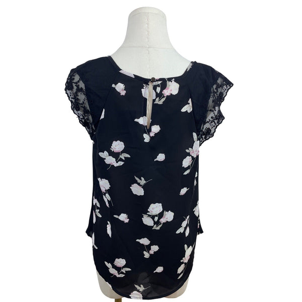 Candie’s Black Floral Lace Sleeve Blouse Lace-Up Front & Keyhole Back Sz M - New