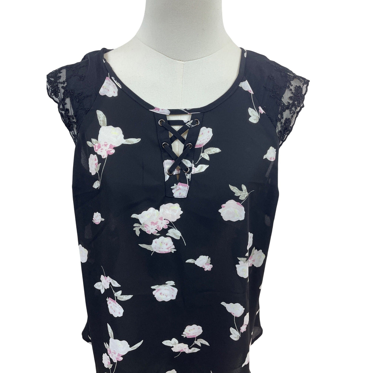 Candie’s Black Floral Lace Sleeve Blouse Lace-Up Front & Keyhole Back Sz M - New