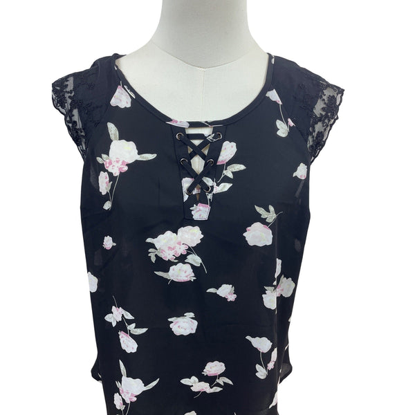 Candie’s Black Floral Lace Sleeve Blouse Lace-Up Front & Keyhole Back Sz M - New