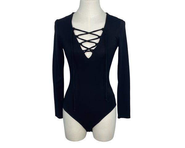 Little Black Bodysuit Womens Black Lace-Up V-Neck Long Sleeve Size XS- New