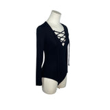 Little Black Bodysuit Womens Black Lace-Up V-Neck Long Sleeve Size XS- New