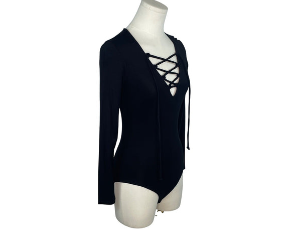 Little Black Bodysuit Womens Black Lace-Up V-Neck Long Sleeve Size XS- New