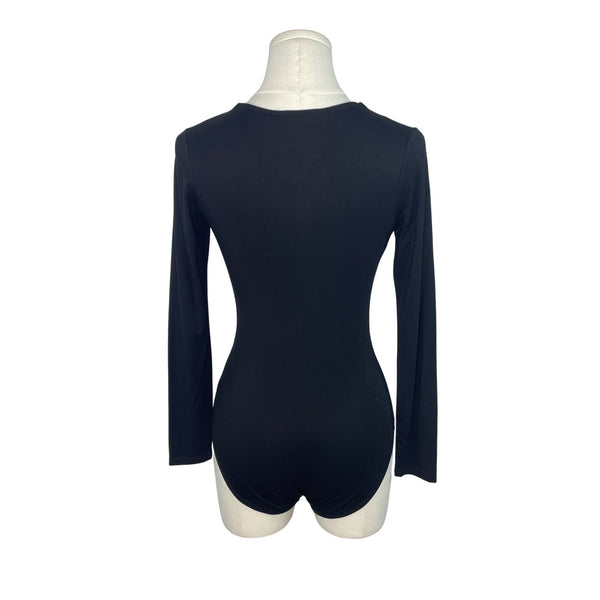 Little Black Bodysuit Womens Black Lace-Up V-Neck Long Sleeve Size XS- New
