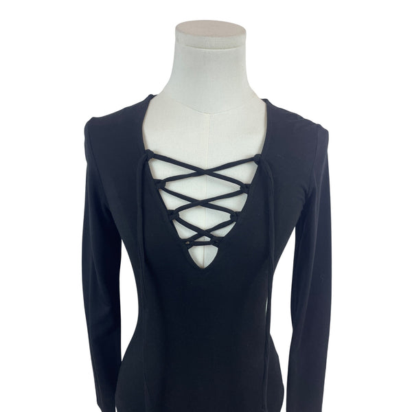 Little Black Bodysuit Womens Black Lace-Up V-Neck Long Sleeve Size XS- New