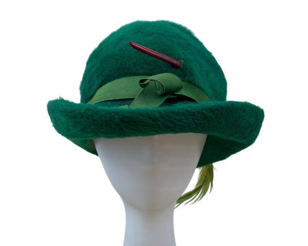 Vintage Selene Green Felt Hat With Ribbon & Feather Accent Made In Italy