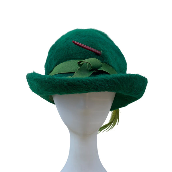 Vintage Selene Green Felt Hat With Ribbon & Feather Accent Made In Italy