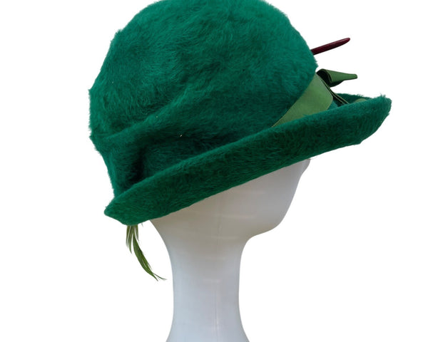 Vintage Selene Green Felt Hat With Ribbon & Feather Accent Made In Italy