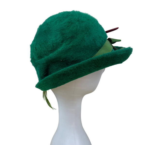 Vintage Selene Green Felt Hat With Ribbon & Feather Accent Made In Italy