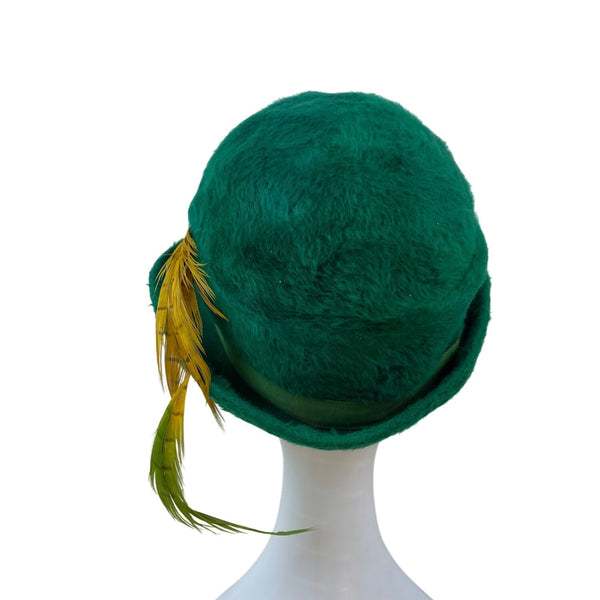 Vintage Selene Green Felt Hat With Ribbon & Feather Accent Made In Italy