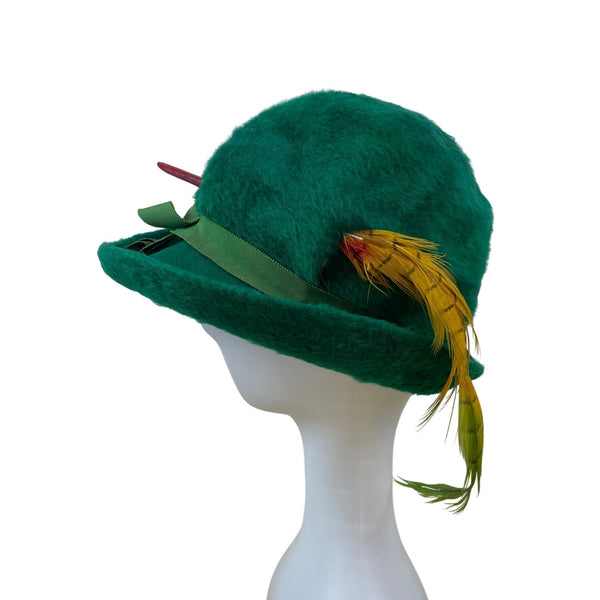 Vintage Selene Green Felt Hat With Ribbon & Feather Accent Made In Italy