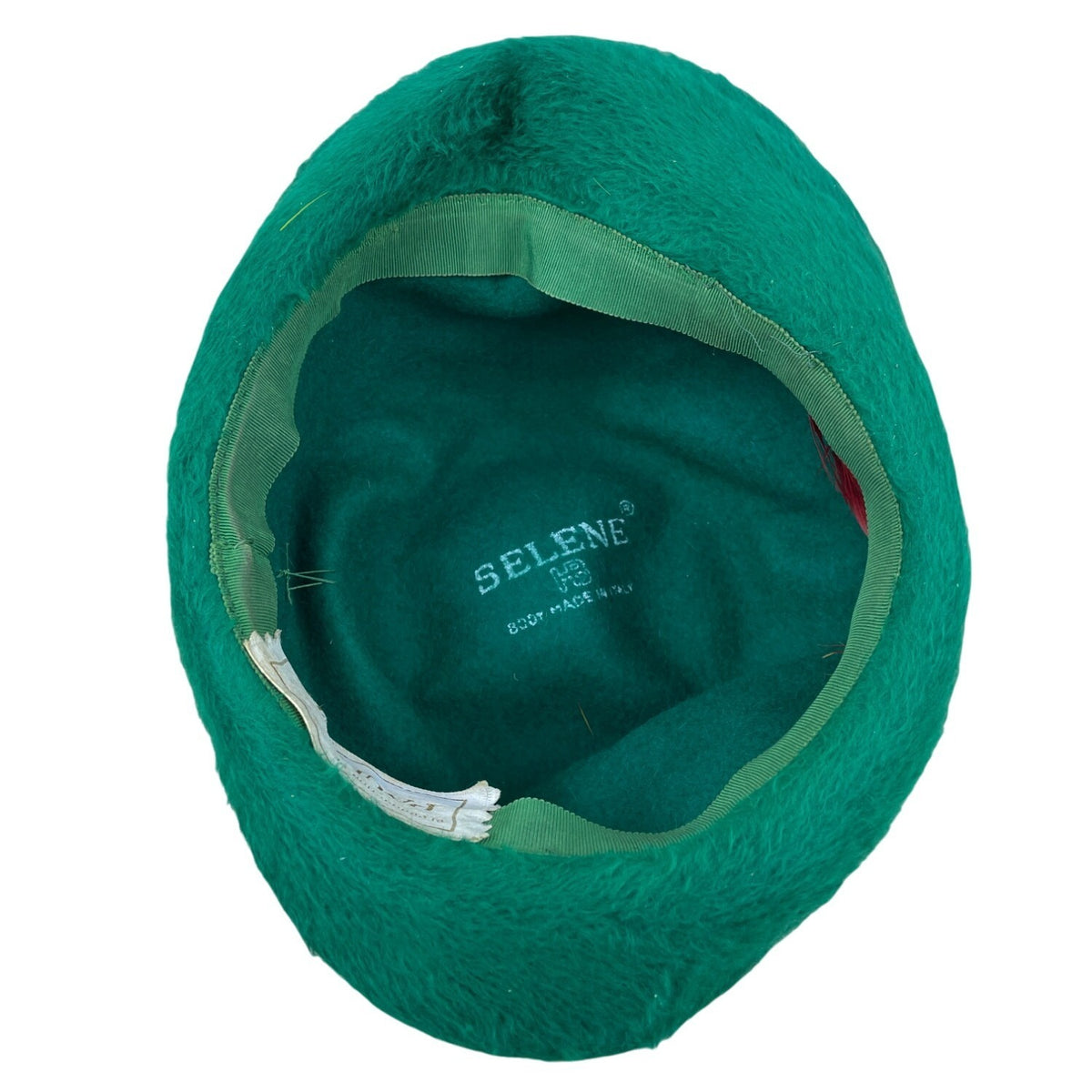 Vintage Selene Green Felt Hat With Ribbon & Feather Accent Made In Italy