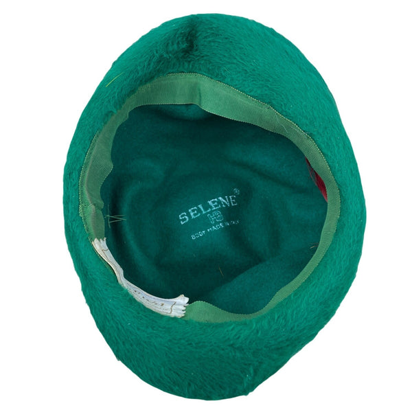 Vintage Selene Green Felt Hat With Ribbon & Feather Accent Made In Italy