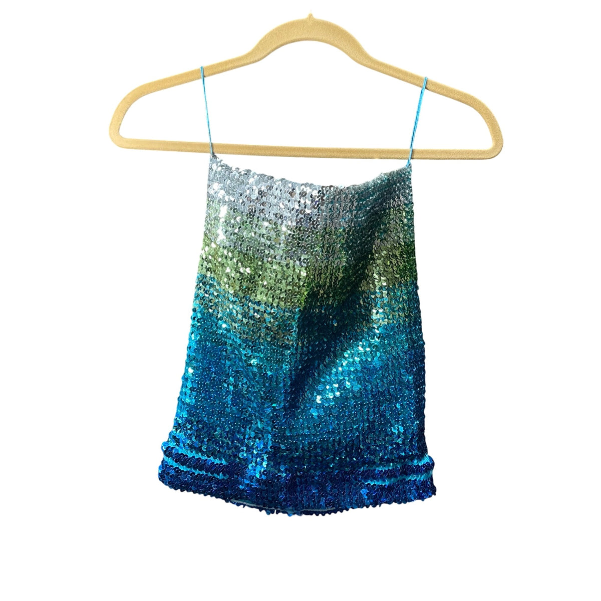Sequin Spaghetti-Strap Ombre Glitter Tank Top Womens Shiny Partywear Teal/Green M/L