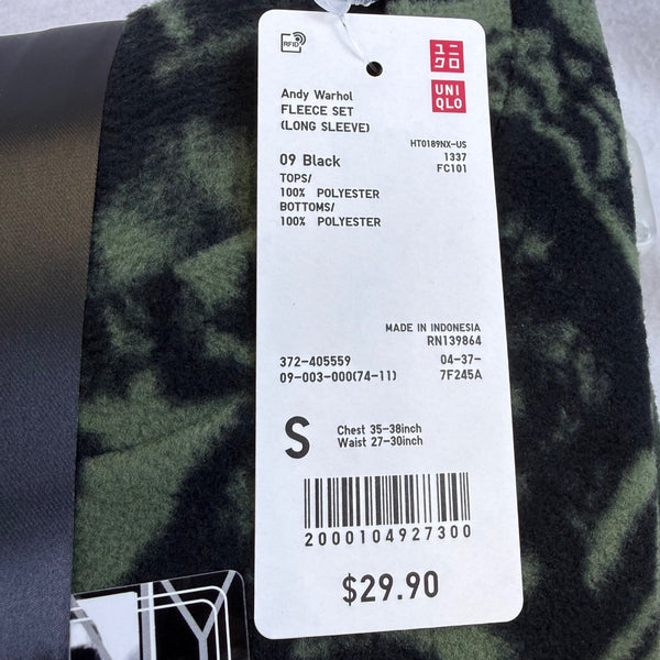 Uniqlo Andy Warhol Black/Green Fleece Sleepwear Set  Soft Lounge Wear Sz S - New
