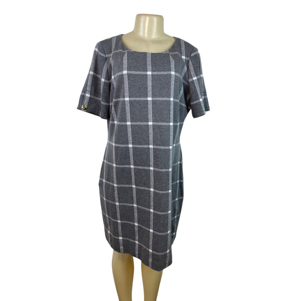 Tommy Hilfiger Gray & White Plaid Short Sleeve Shift Dress Size 16
