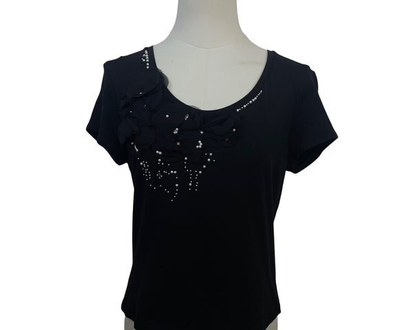 Ann Taylor Black Short Sleeve Embellished Floral Top Casual Scoop Neck Size M