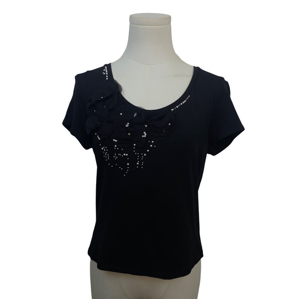 Ann Taylor Black Short Sleeve Embellished Floral Top Casual Scoop Neck Size M