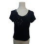 Ann Taylor Black Short Sleeve Embellished Floral Top Casual Scoop Neck Size M