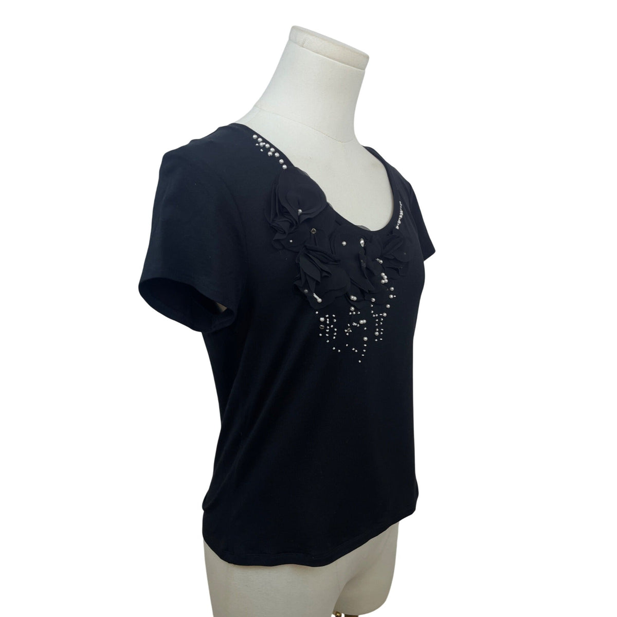Ann Taylor Black Short Sleeve Embellished Floral Top Casual Scoop Neck Size M