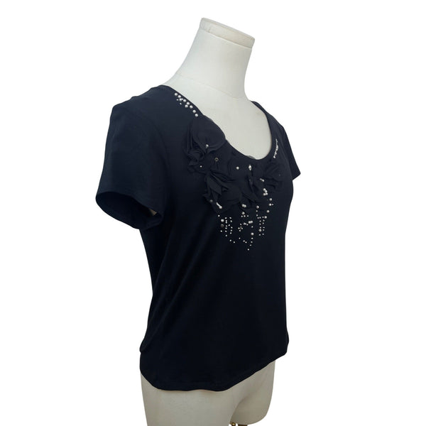 Ann Taylor Black Short Sleeve Embellished Floral Top Casual Scoop Neck Size M