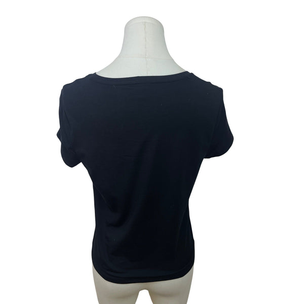 Ann Taylor Black Short Sleeve Embellished Floral Top Casual Scoop Neck Size M