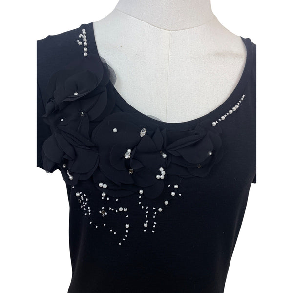 Ann Taylor Black Short Sleeve Embellished Floral Top Casual Scoop Neck Size M