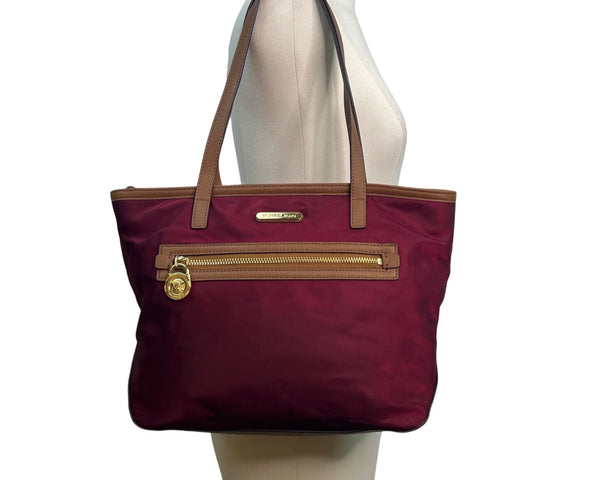 Michael Kors Kempton Burgundy Nylon Brown Leather Trim Gold Detail Tote Bag Sz M