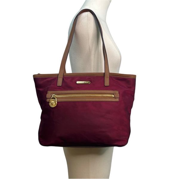Michael Kors Kempton Burgundy Nylon Brown Leather Trim Gold Detail Tote Bag Sz M