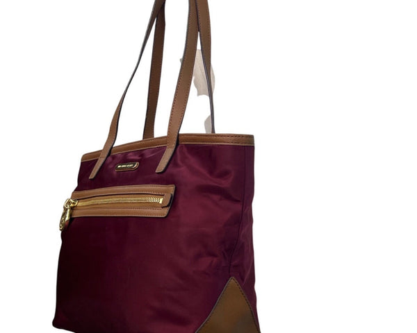 Michael Kors Kempton Burgundy Nylon Brown Leather Trim Gold Detail Tote Bag Sz M