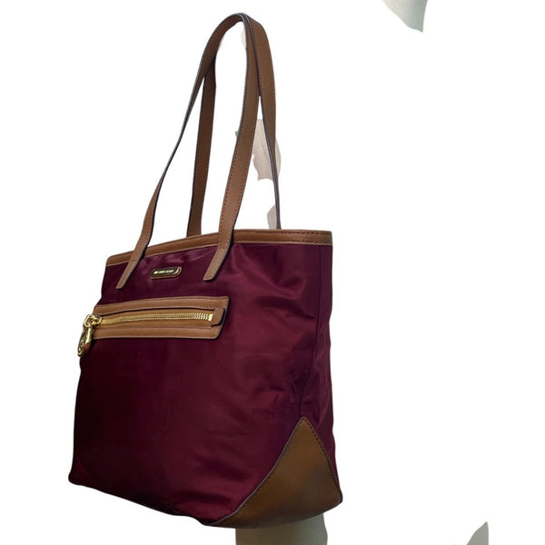 Michael Kors Kempton Burgundy Nylon Brown Leather Trim Gold Detail Tote Bag Sz M