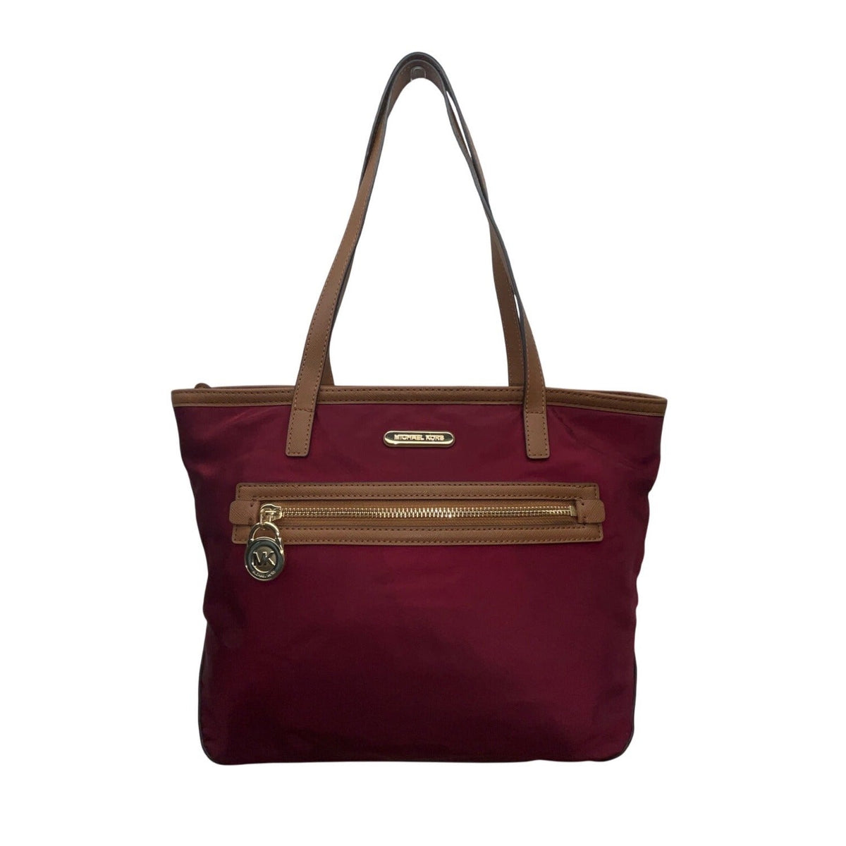 Michael Kors Kempton Burgundy Nylon Brown Leather Trim Gold Detail Tote Bag Sz M