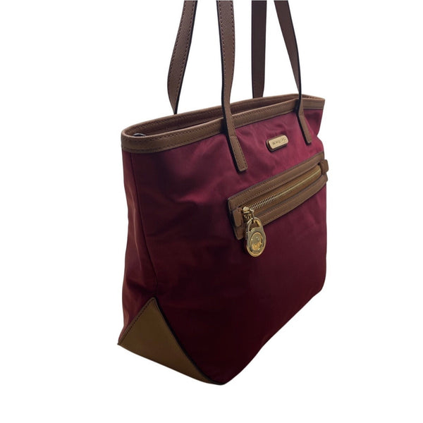 Michael Kors Kempton Burgundy Nylon Brown Leather Trim Gold Detail Tote Bag Sz M