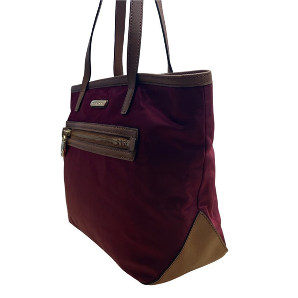 Michael Kors Kempton Burgundy Nylon Brown Leather Trim Gold Detail Tote Bag Sz M