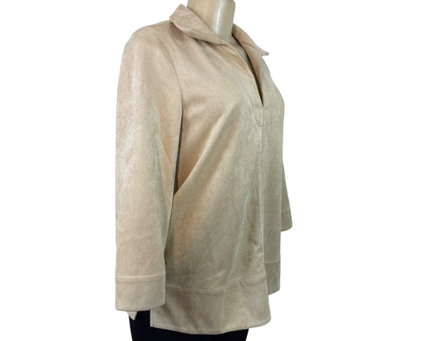 Tuckernuck Women's Beige Faux Suede 3/4 Sleeve Pullover Top Sz S