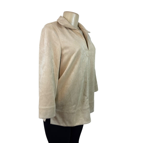Tuckernuck Women's Beige Faux Suede 3/4 Sleeve Pullover Top Sz S