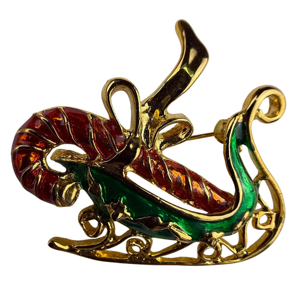 Vintage Womens Multicolor Enamel Sleigh Christmas Brooch Pin Red Green Gold Tone