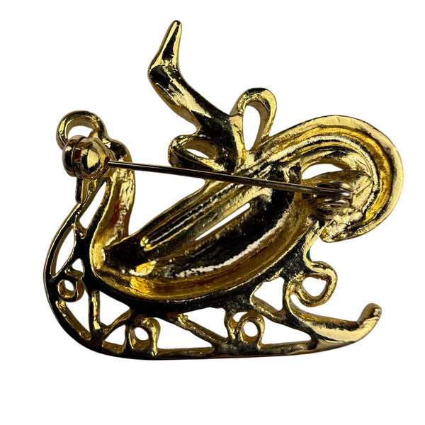 Vintage Womens Multicolor Enamel Sleigh Christmas Brooch Pin Red Green Gold Tone