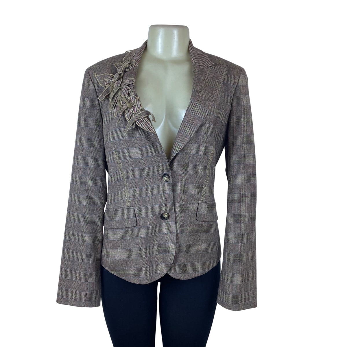 ETRO Milano Womens Plaid Lyrca & Wool Blazer Sz 48 Checkered Pattern Embroidery