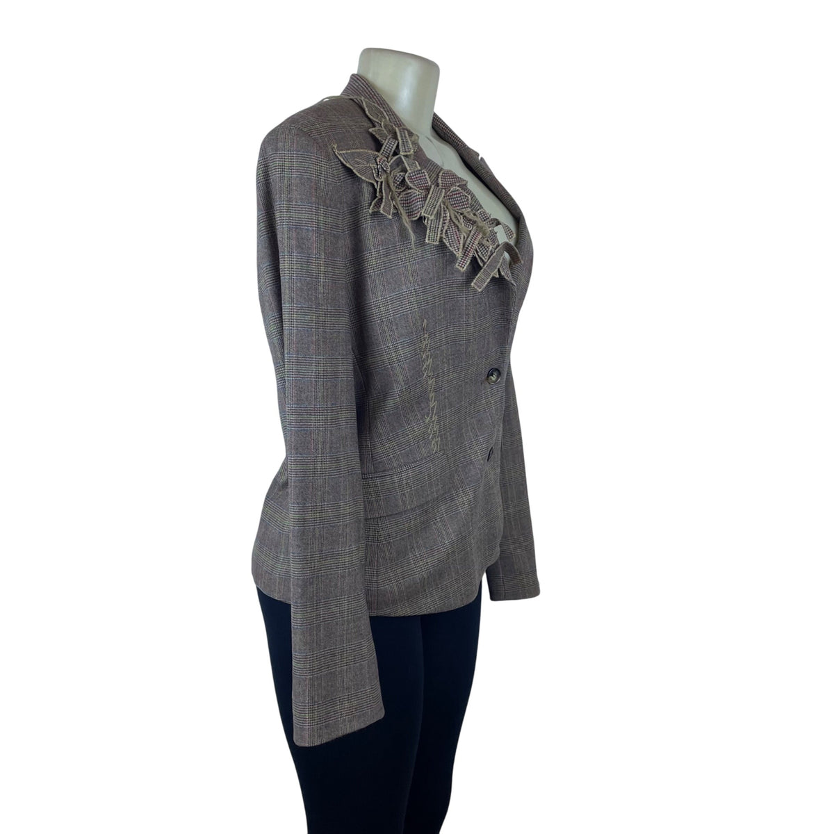 ETRO Milano Womens Plaid Lyrca & Wool Blazer Sz 48 Checkered Pattern Embroidery