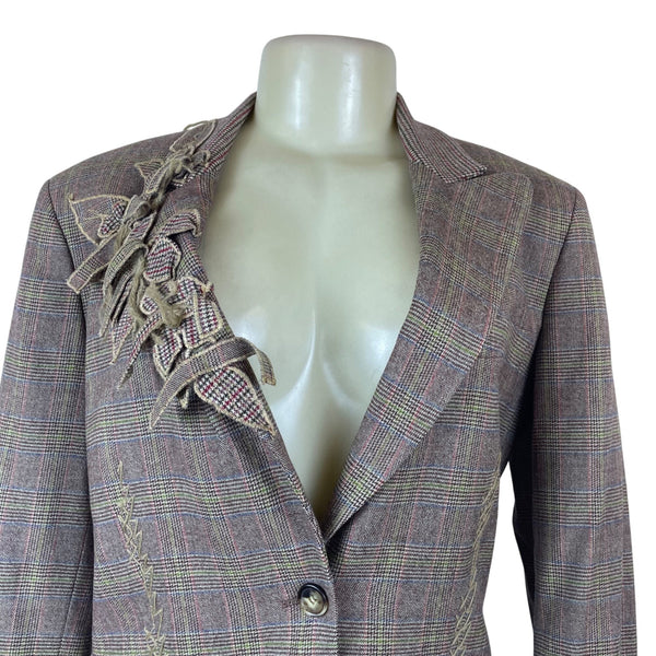 ETRO Milano Womens Plaid Lyrca & Wool Blazer Sz 48 Checkered Pattern Embroidery