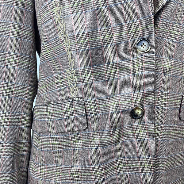 ETRO Milano Womens Plaid Lyrca & Wool Blazer Sz 48 Checkered Pattern Embroidery