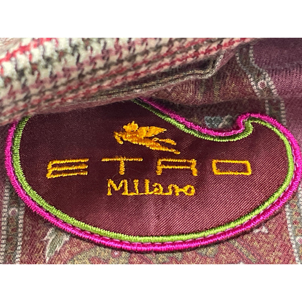 ETRO Milano Womens Plaid Lyrca & Wool Blazer Sz 48 Checkered Pattern Embroidery